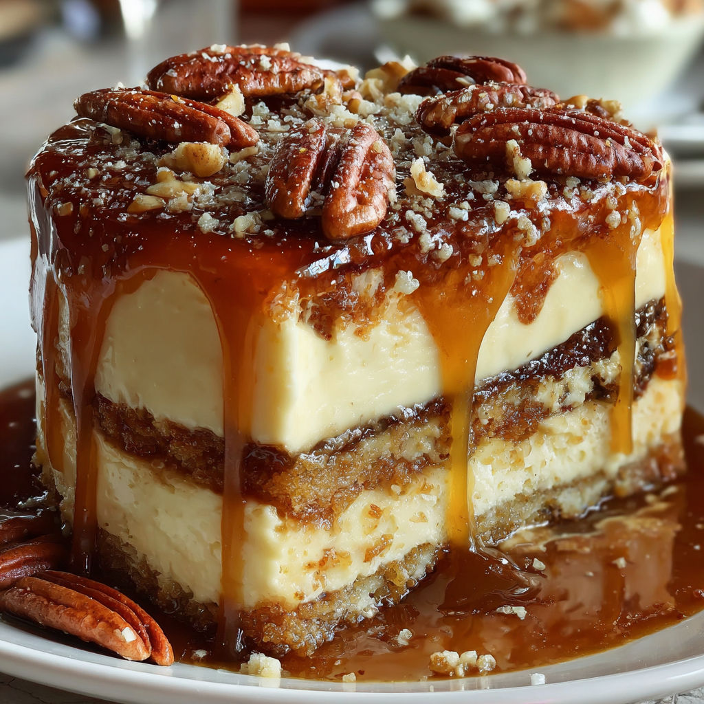 A slice of caramel pecan cake.