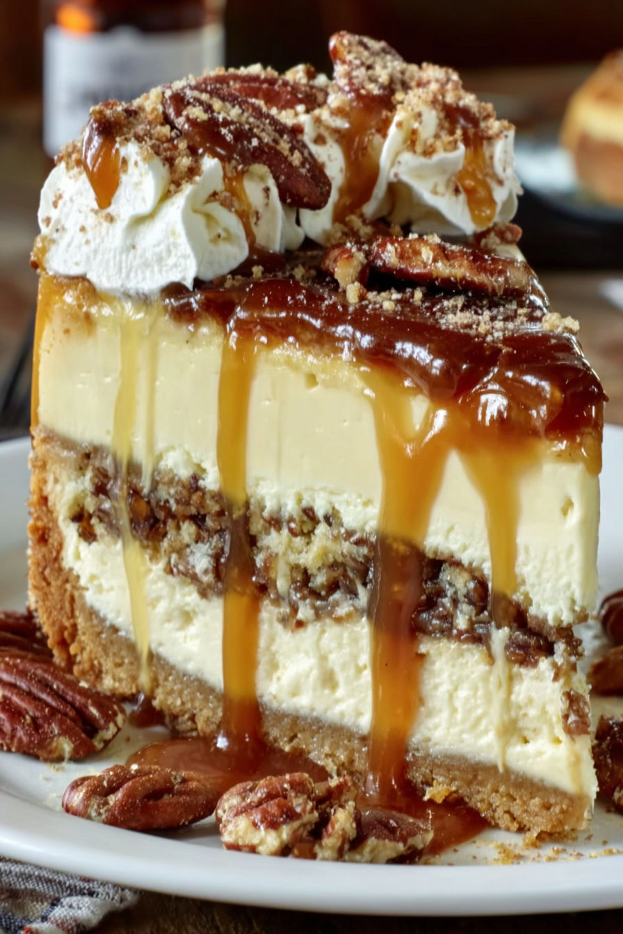 A slice of caramel pecan cake with a drizzle of caramel sauce.