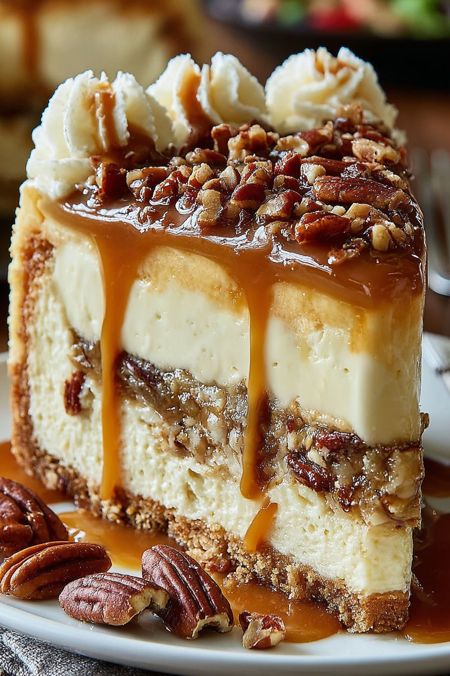 A slice of caramel pecan cake.