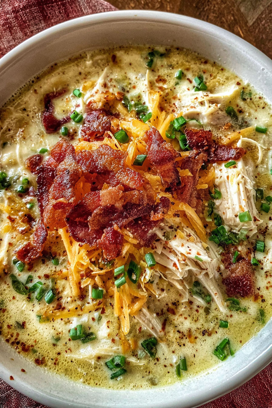 A bowl of creamy chicken bacon soup.