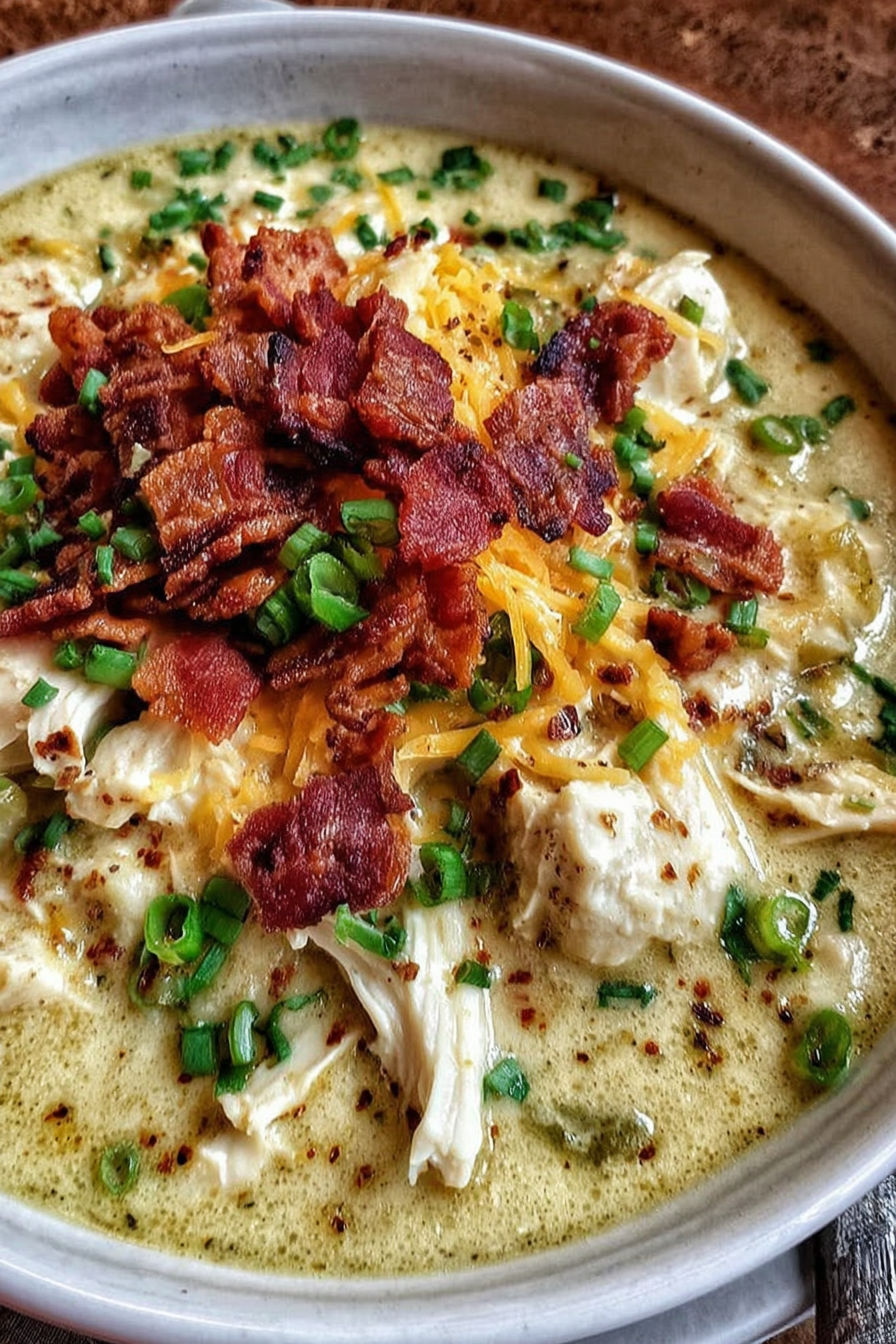 A bowl of creamy chicken bacon soup.