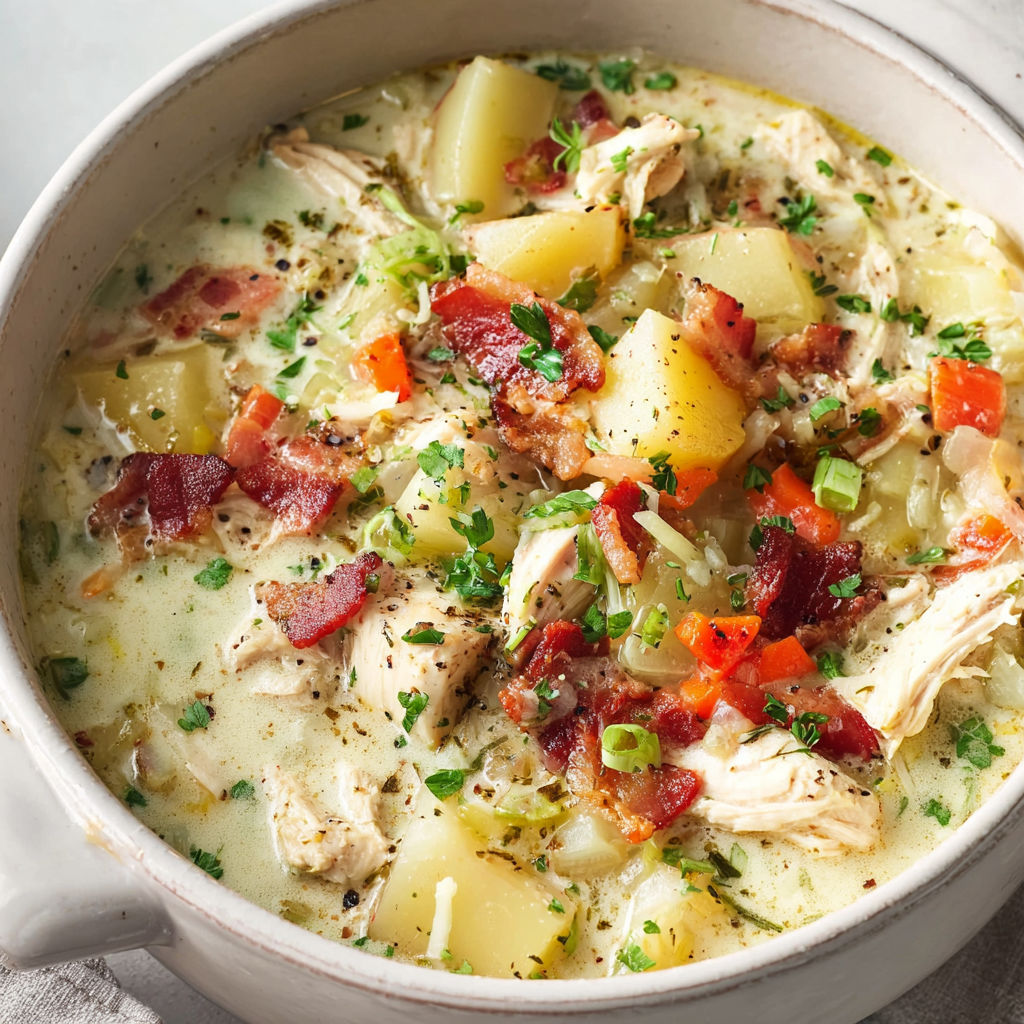 A bowl of chicken potato soup.