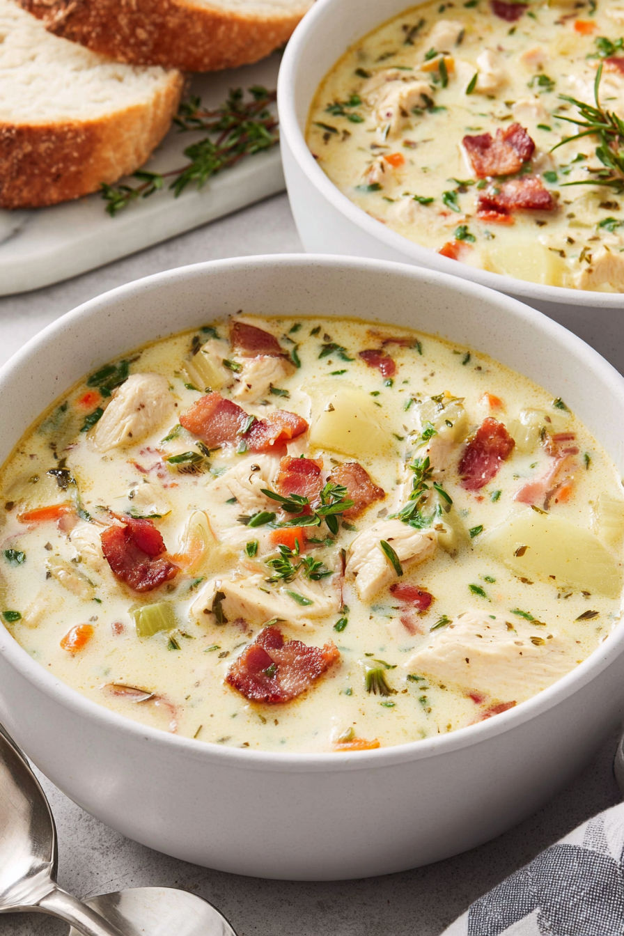 A bowl of chicken and potato soup.