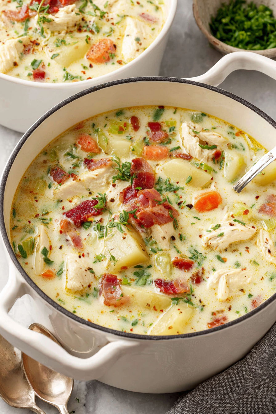 A bowl of chicken potato soup.