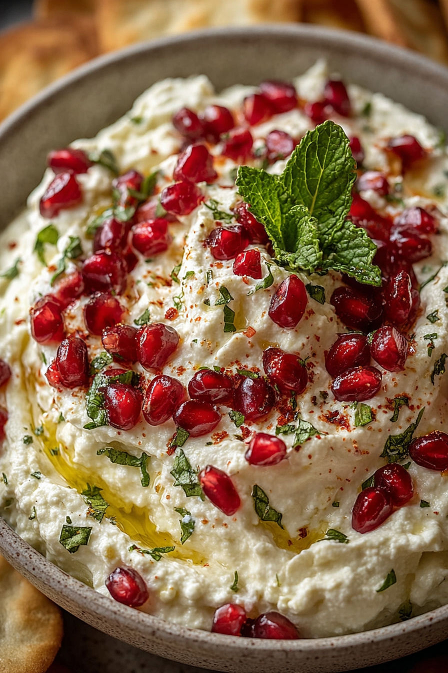 A bowl of pomegranate feta cheese dip.