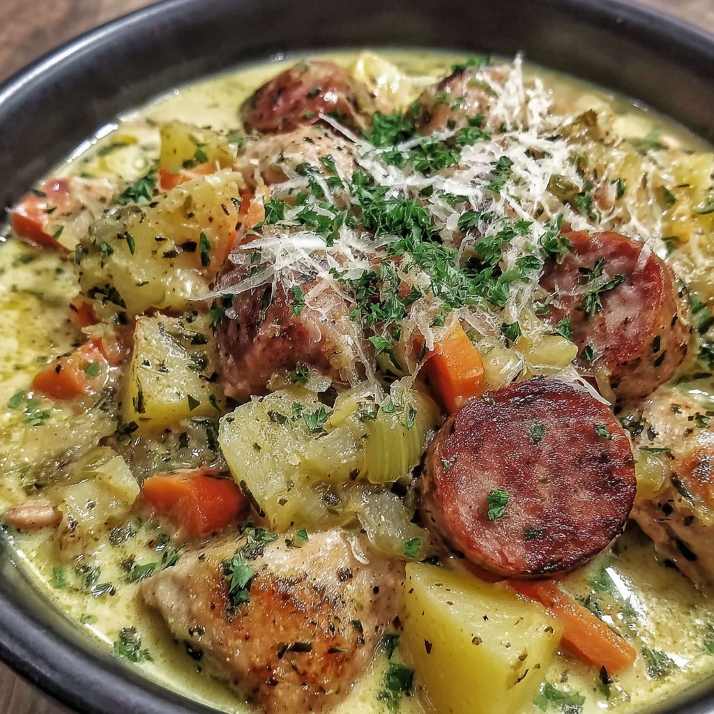 A bowl of creamy chicken sausage stew.