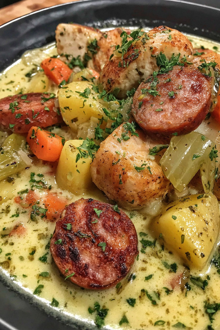 A creamy chicken sausage stew with carrots and potatoes.