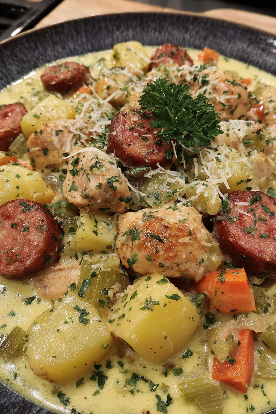 A delicious creamy chicken sausage stew.