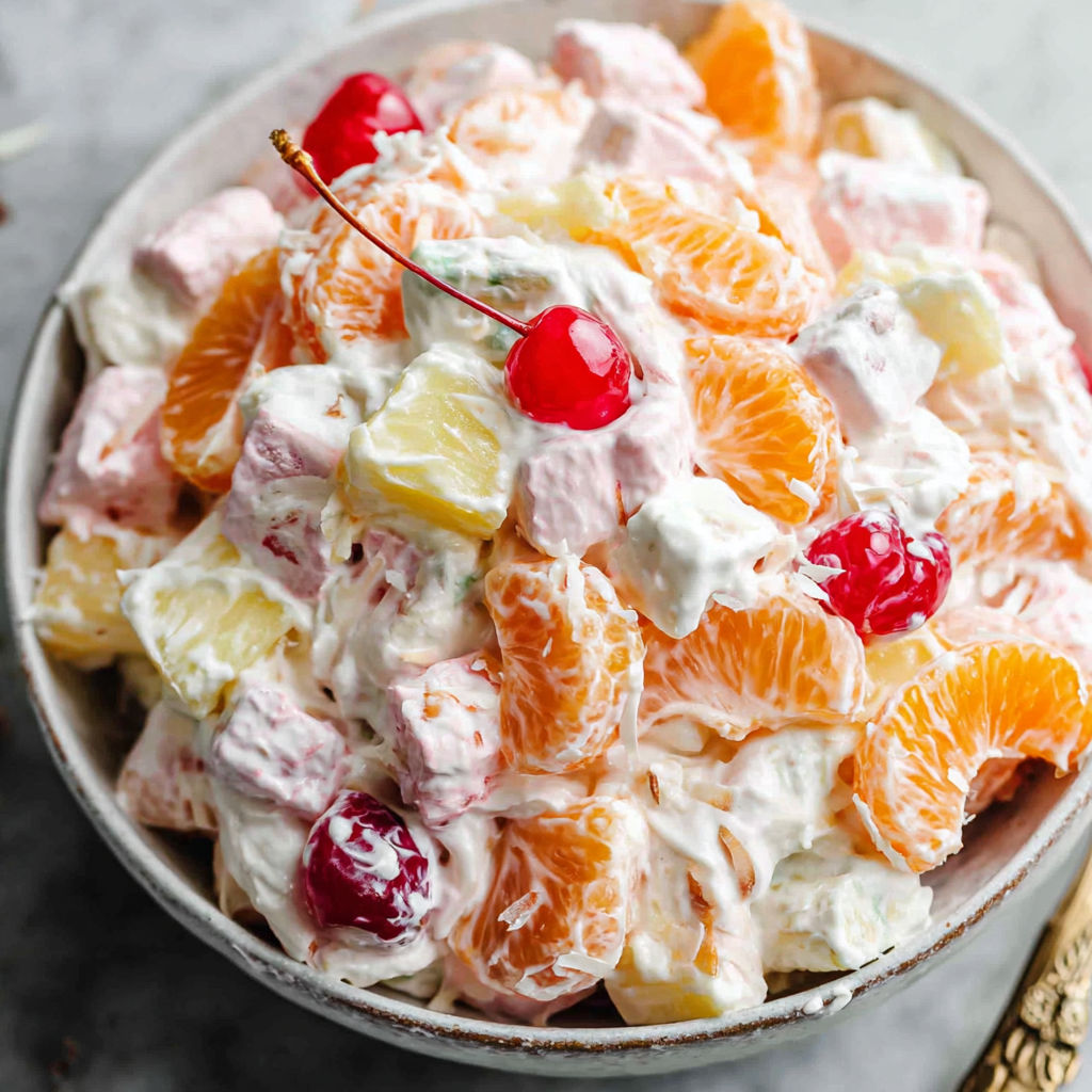A bowl of fruit salad with cherries and oranges.