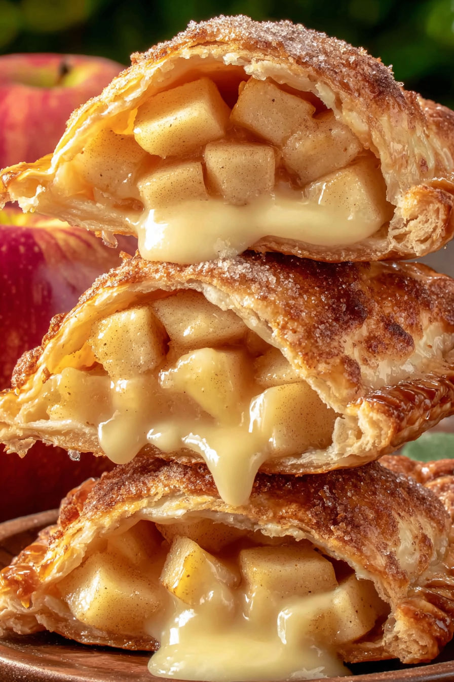 Three cheesecake stuffed apple pies stacked on top of each other.