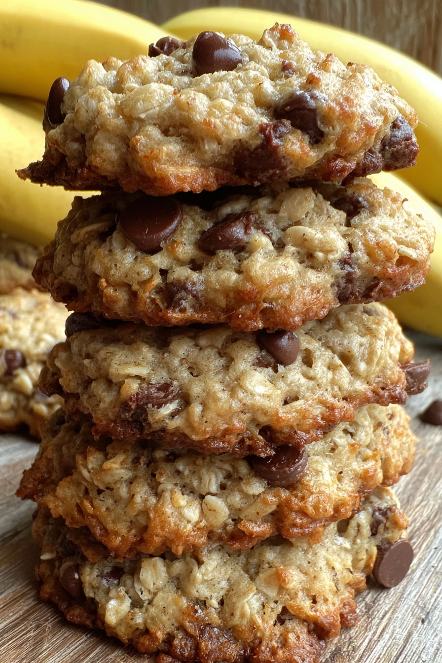 Three stacked chewy banana oatmeal cookies.