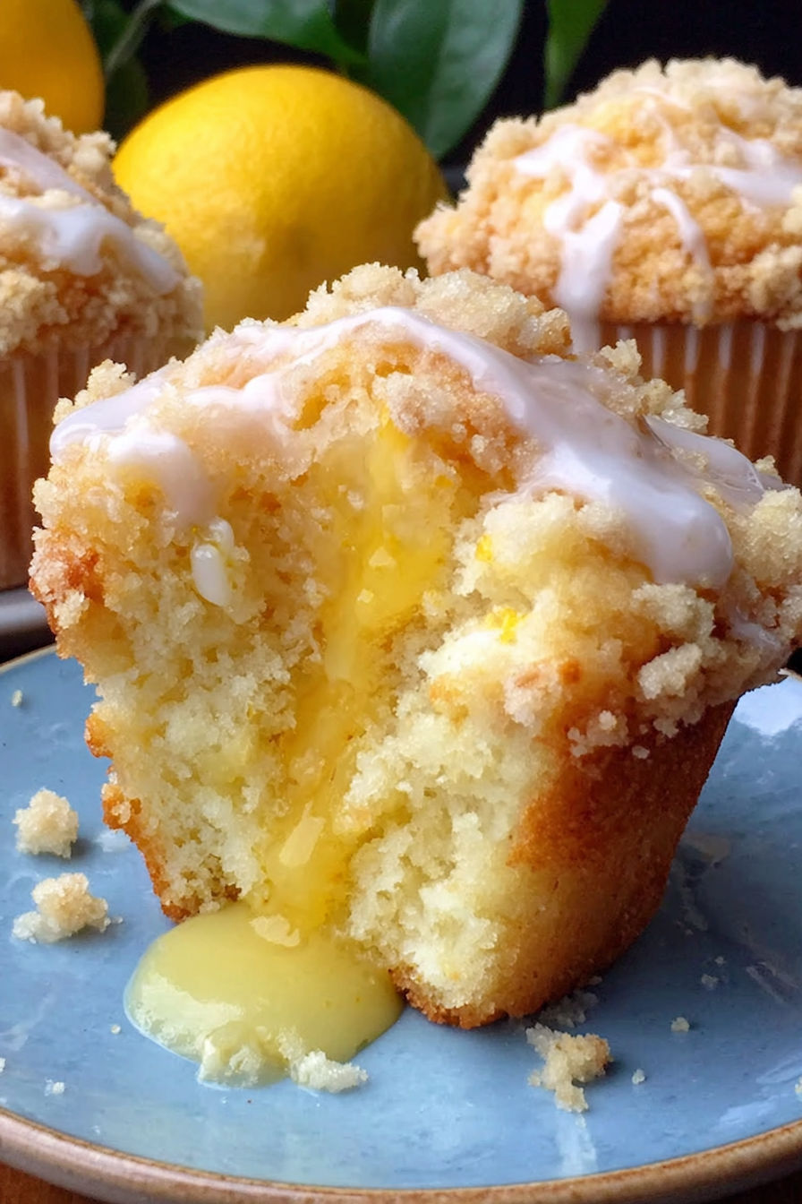 A slice of lemon curd muffin with a dollop of lemon curd on top.