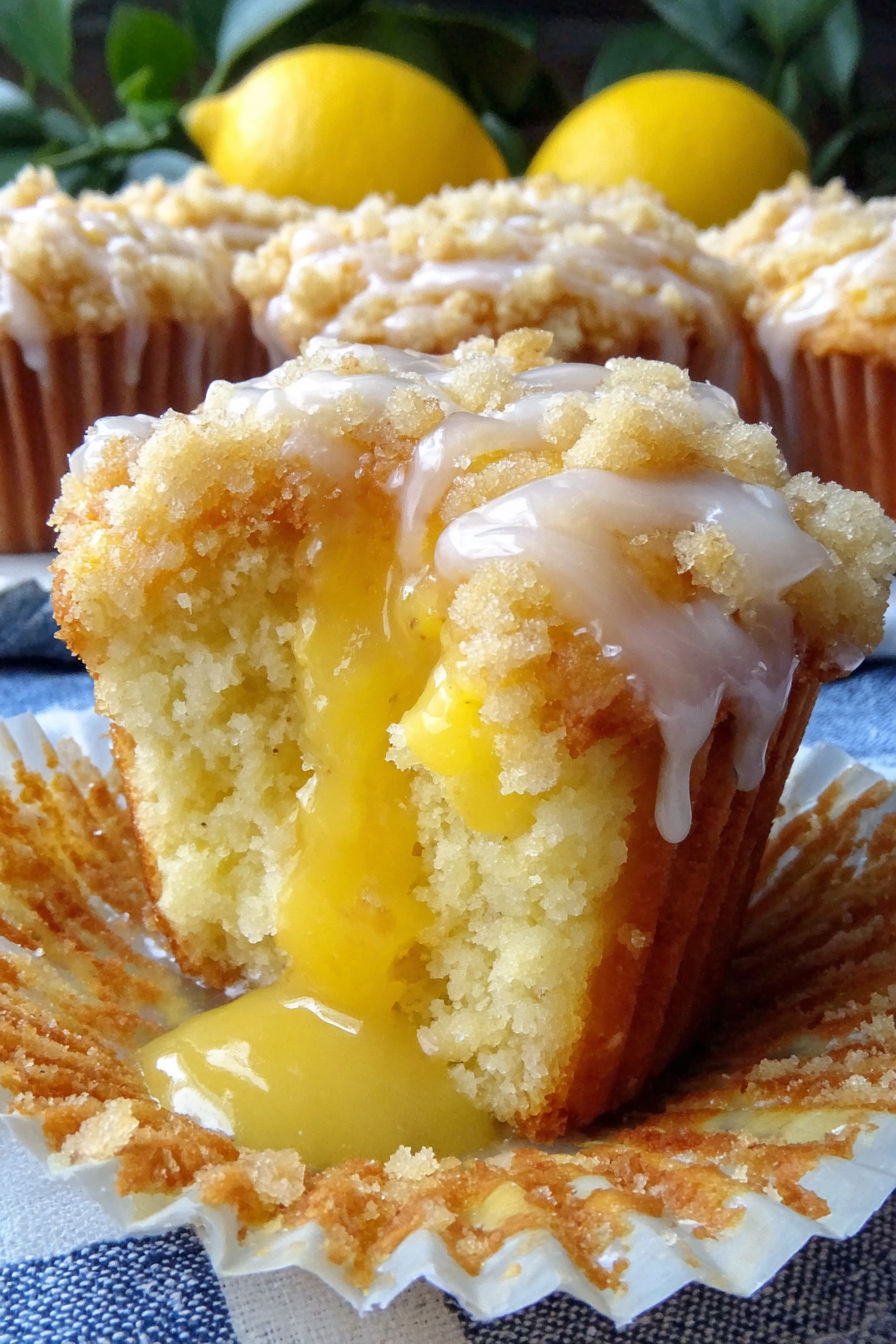 A muffin with lemon curd in it.