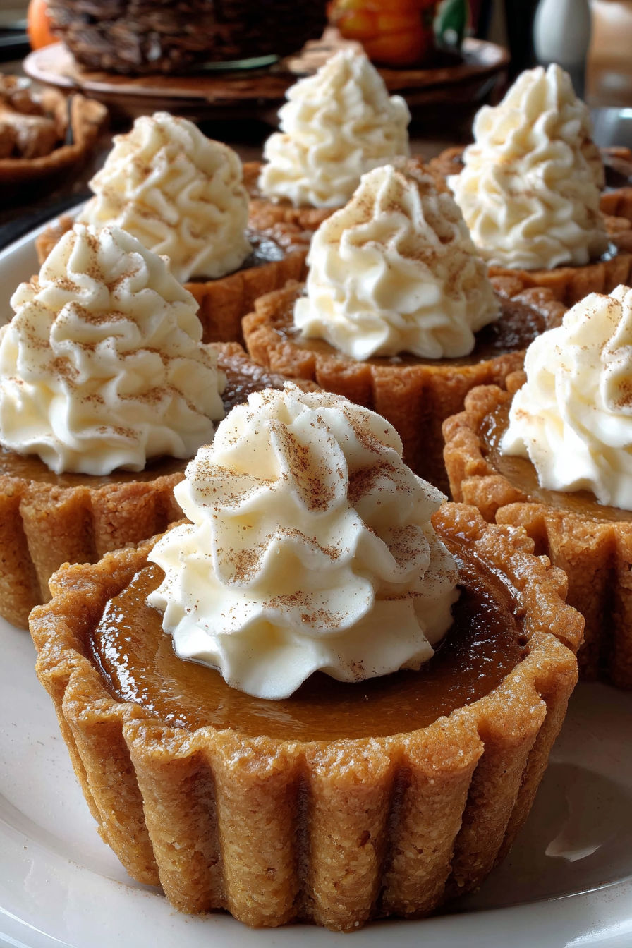 A plate of mini pumpkin pies with whipped cream.