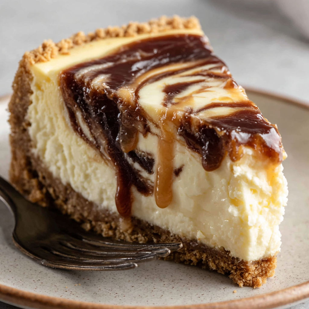 A slice of cheesecake with caramel drizzled on top.