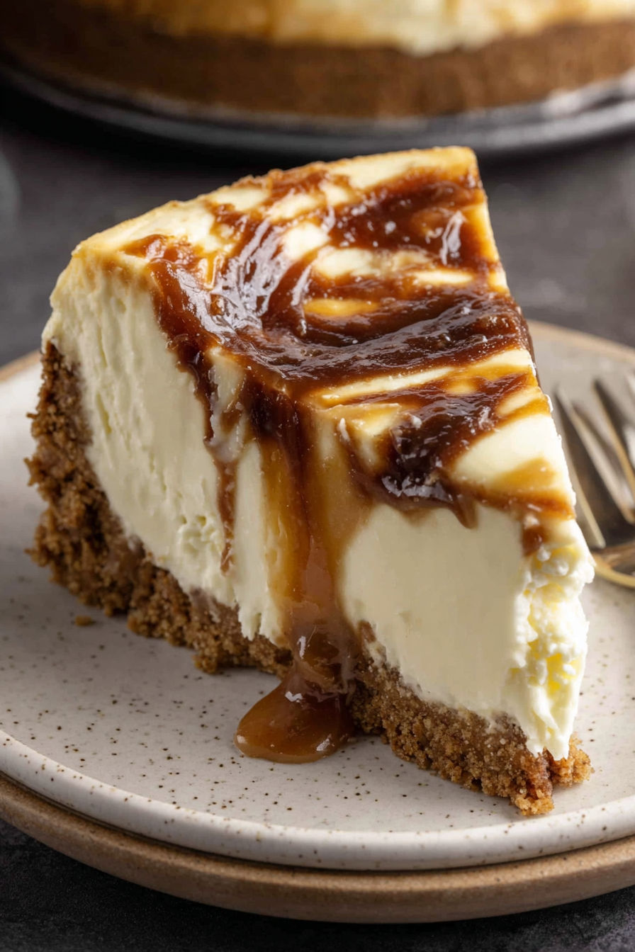 A slice of cheesecake with caramel sauce drizzled on top.