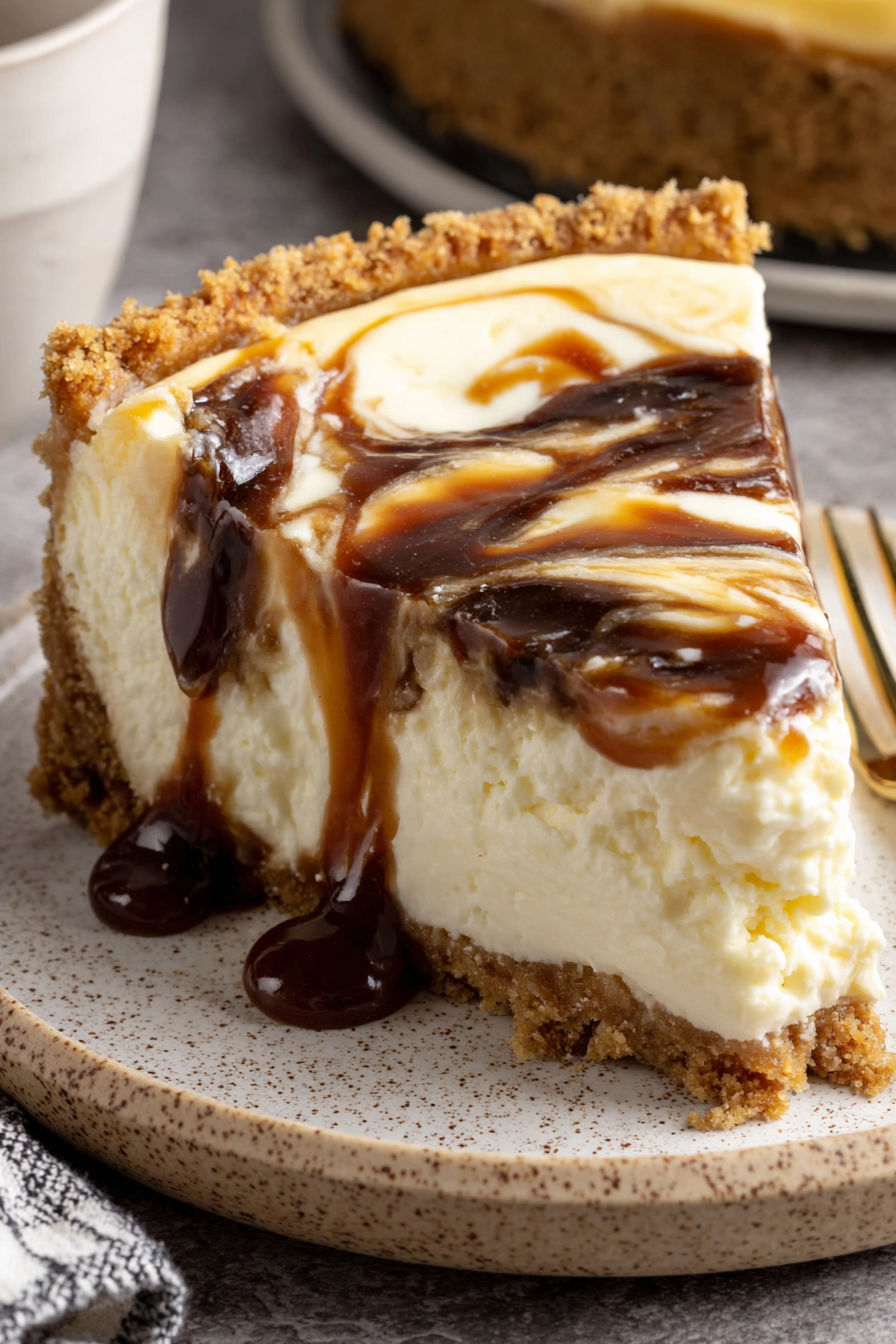 A slice of cheesecake with caramel drizzled on top.