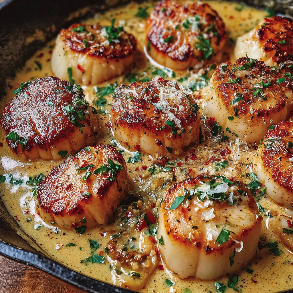 A pan of seared scallops in a spicy cajun cream.
