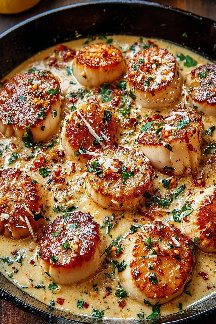 Scallops in a spicy cream sauce.
