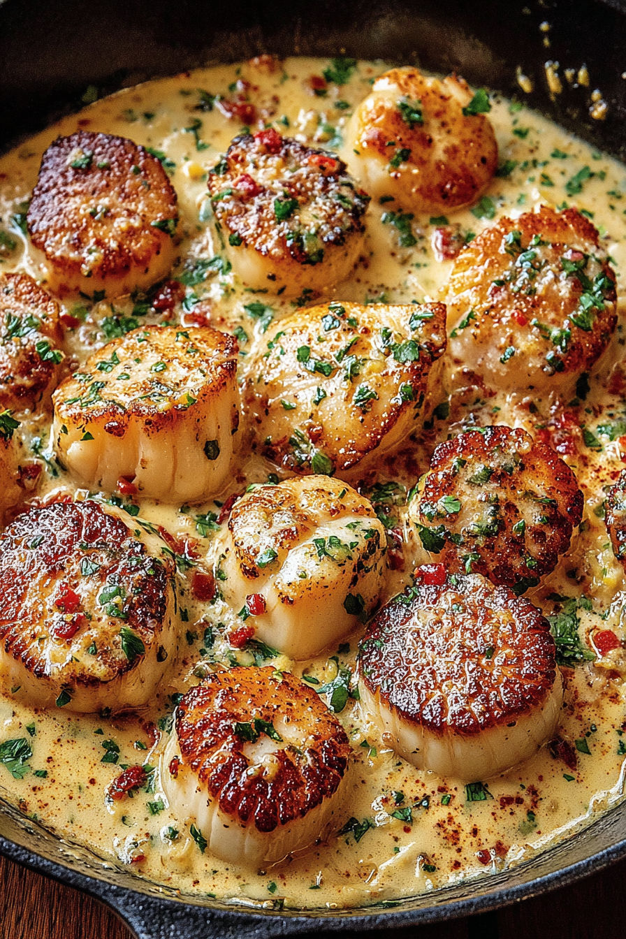 Seared scallops in a spicy cajun cream.