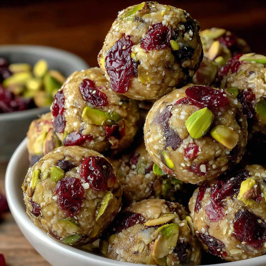 A bowl of cranberry pistachio energy bites.