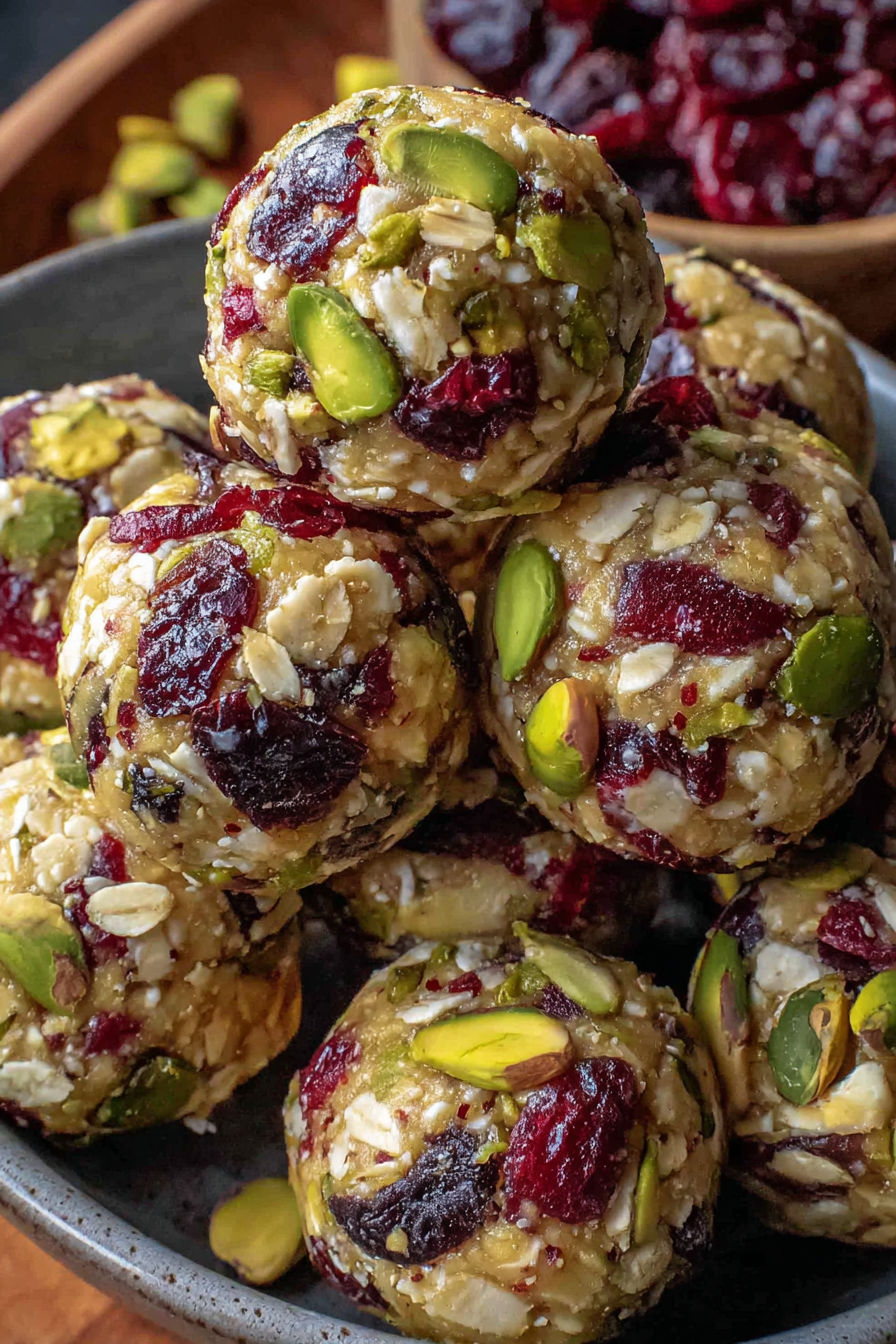 A stack of cranberry pistachio energy bites.