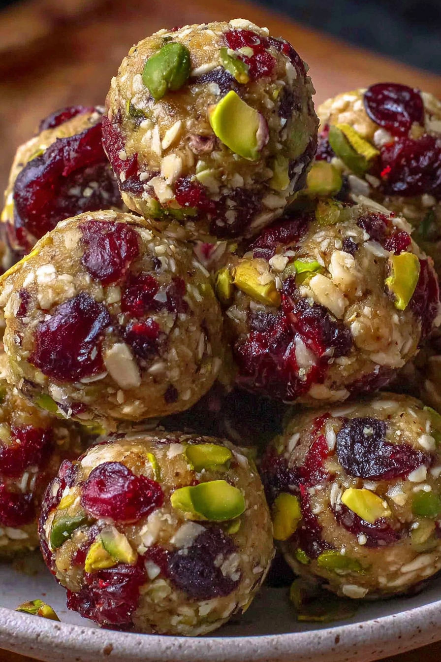 A pile of cranberry pistachio energy bites.