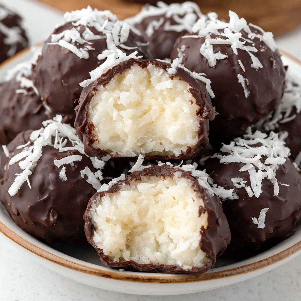 A bowl of chocolate balls with coconut on top.