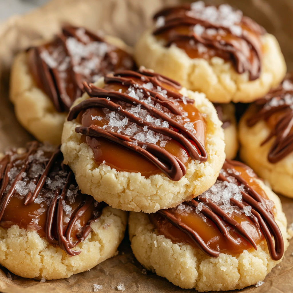 Twix thumbprint cookies with chocolate drizzle.