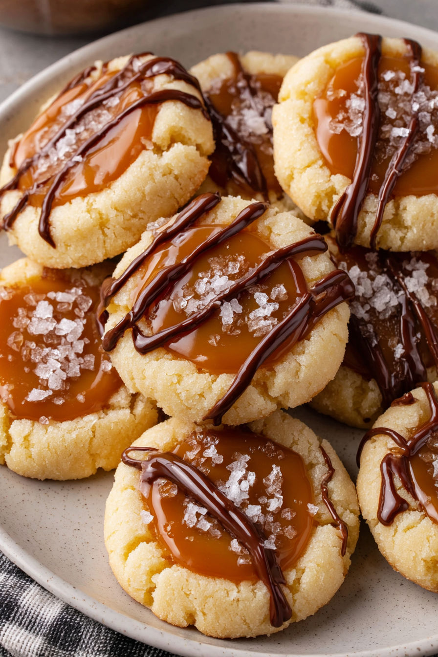 Twix thumbprint cookies with chocolate drizzle.