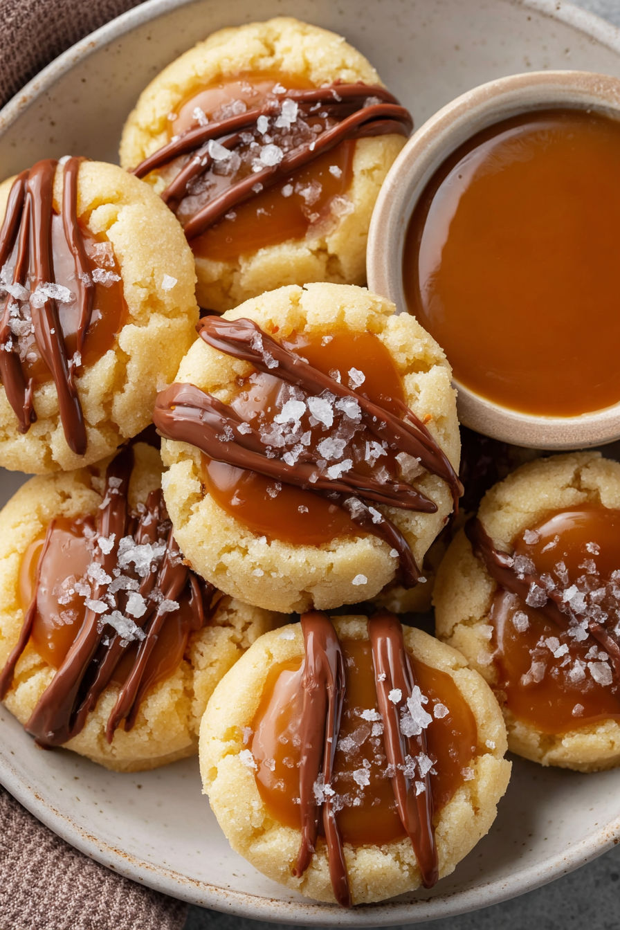 Twix thumbprint cookies with chocolate drizzle and powdered sugar.