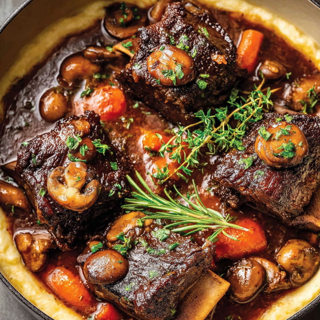Braised short ribs with mushrooms and carrots.