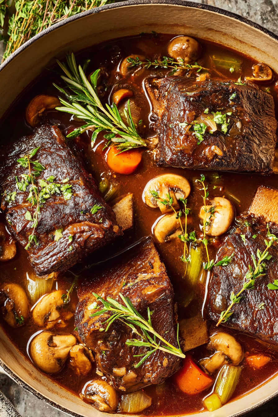 Braised short ribs with mushrooms and herbs.