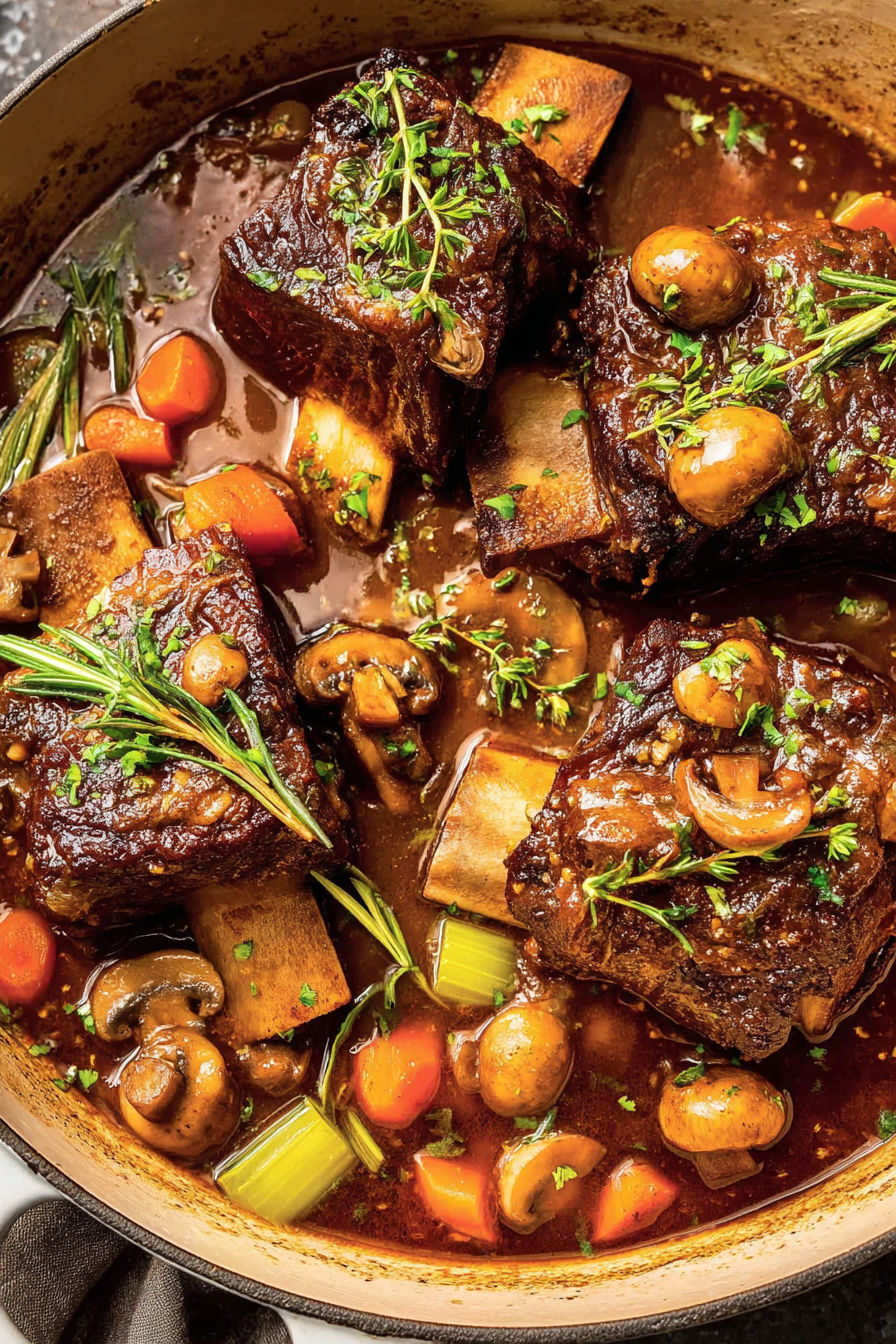 Braised short ribs with mushrooms and carrots.