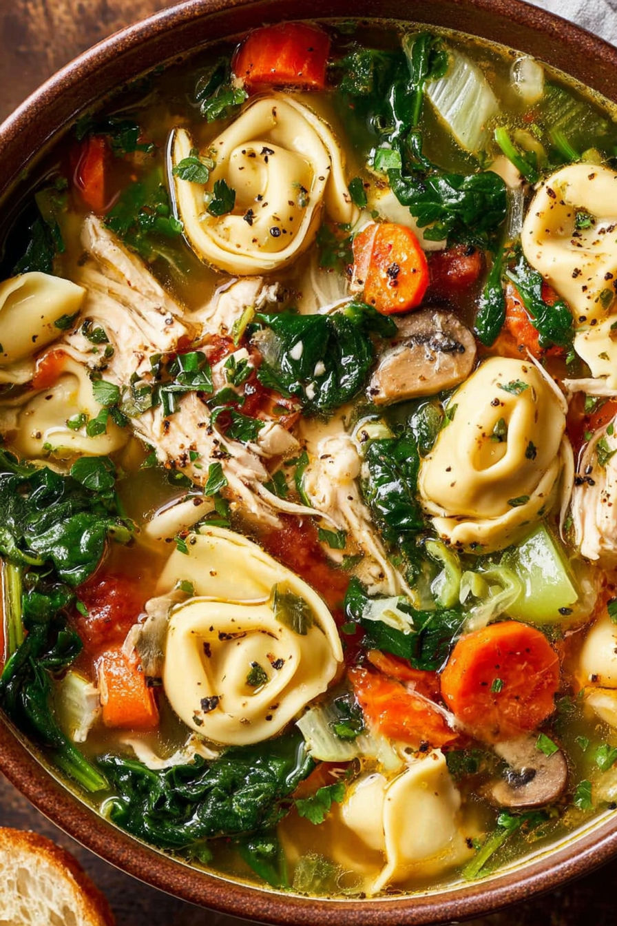 A bowl of soup with chicken, mushrooms, carrots, and pasta.