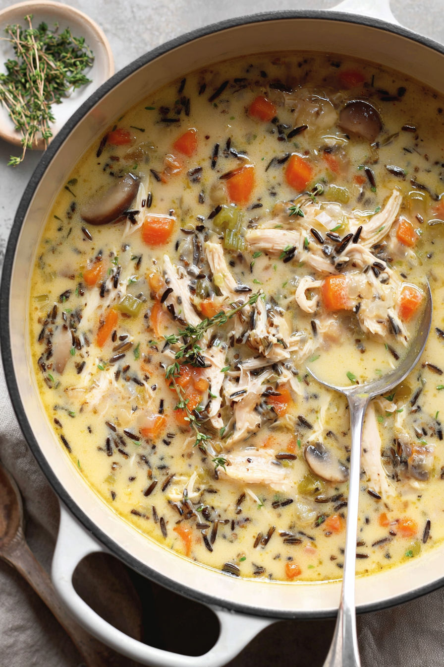 A bowl of soup with chicken, rice, and carrots.