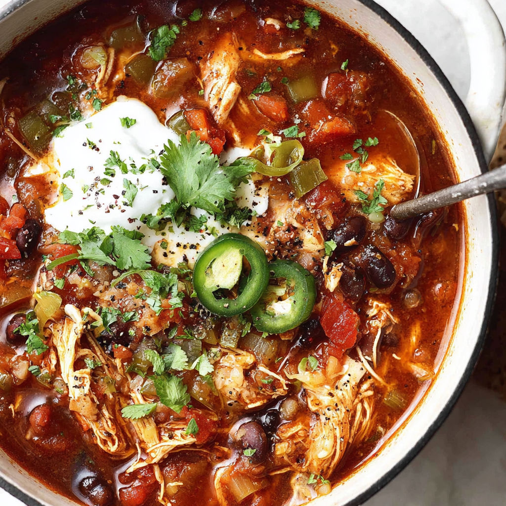 A bowl of chili with a spoon in it.