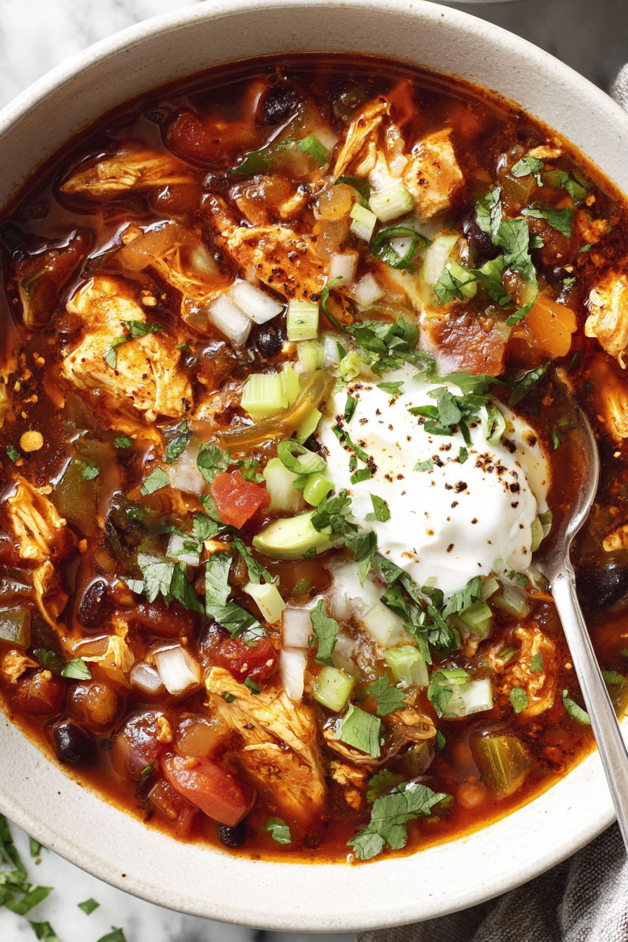 A bowl of chili with a spoon in it.