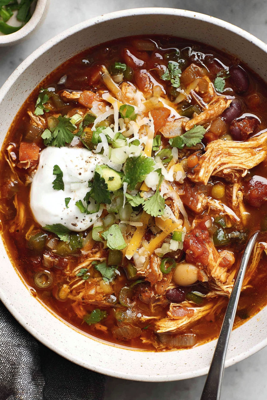 A bowl of chili with a spoon in it.
