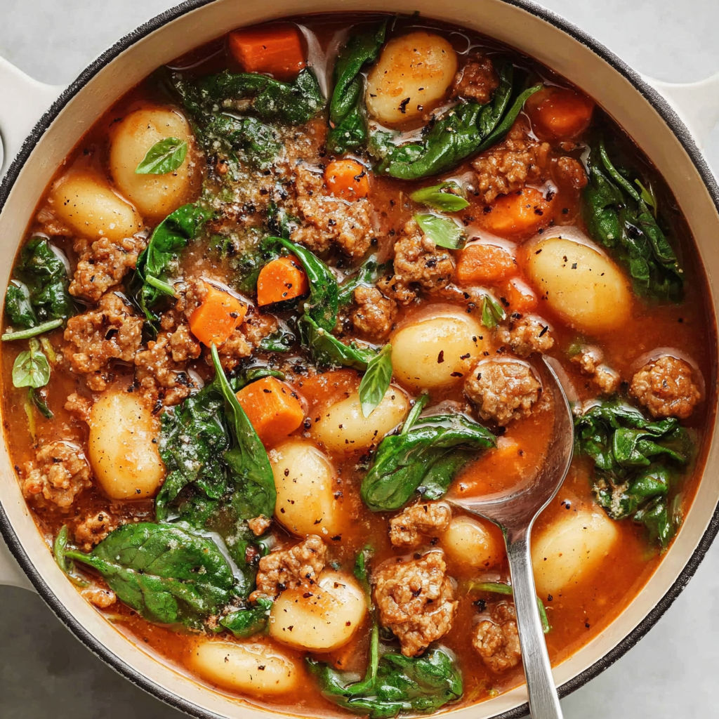 A bowl of sausage gnocchi soup.