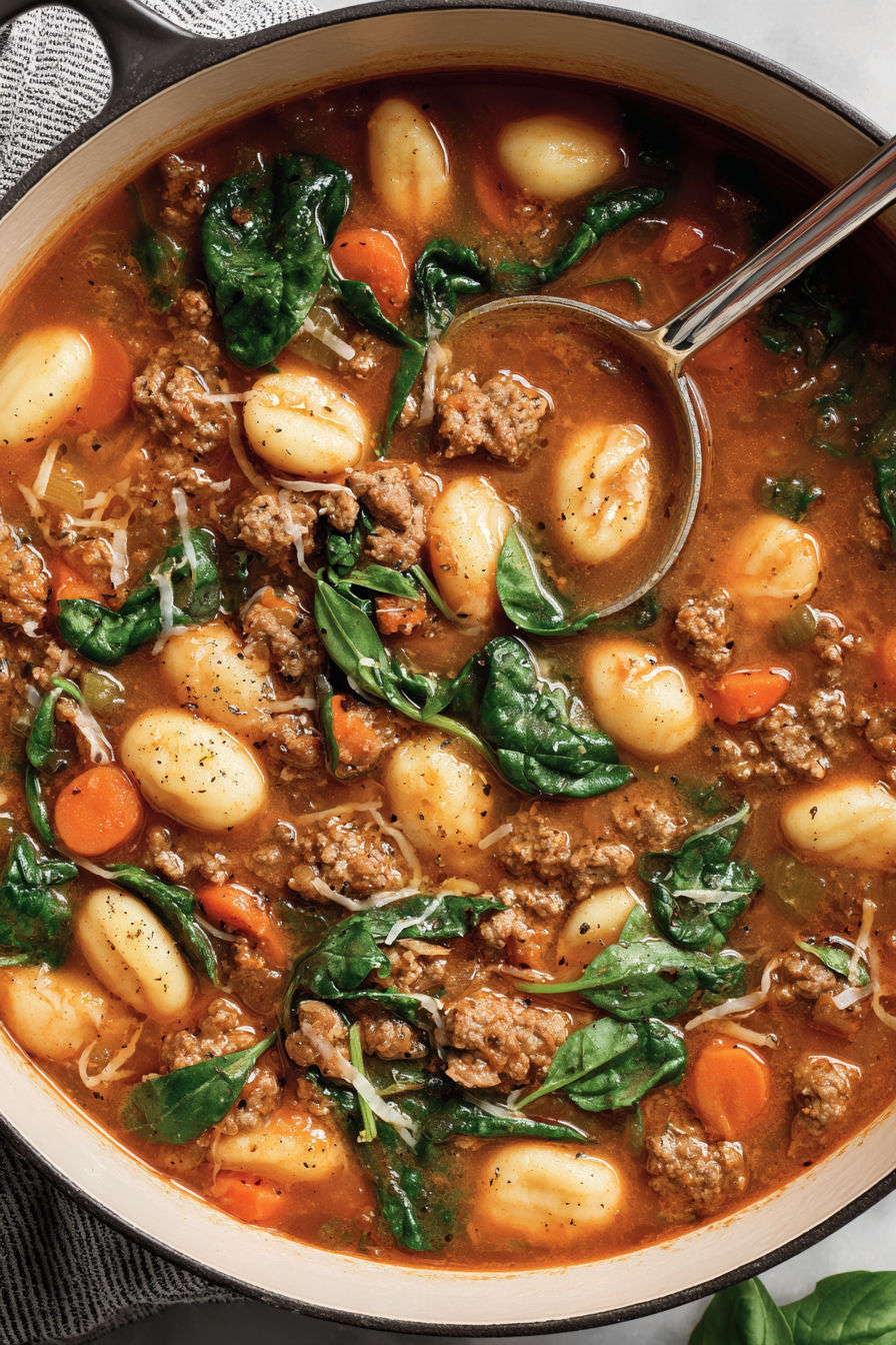 A bowl of soup with meat, beans, and greens.