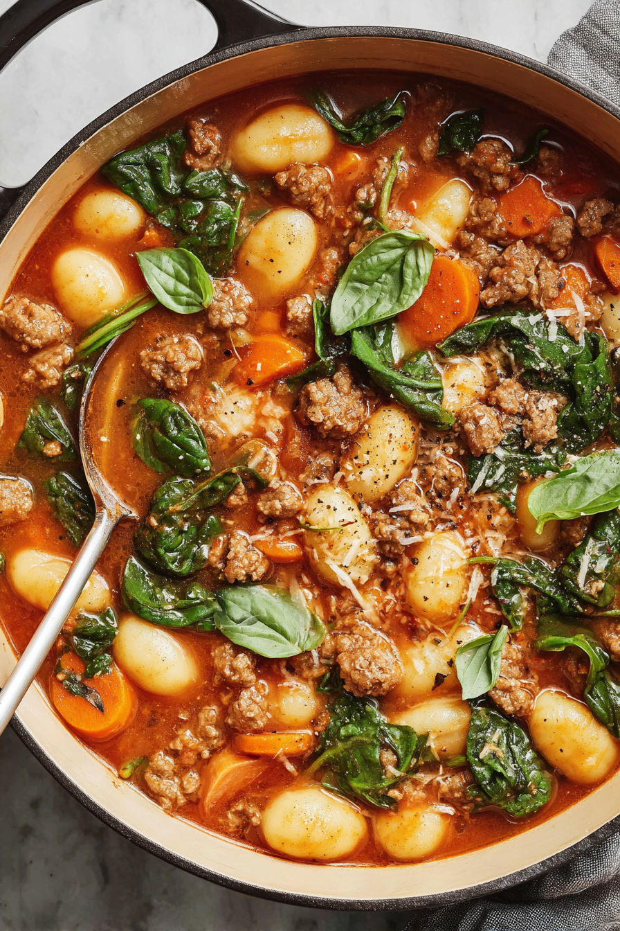 A bowl of soup with meat, potatoes, and greens.