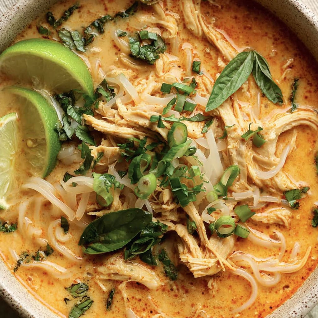 A bowl of soup with chicken and vegetables.