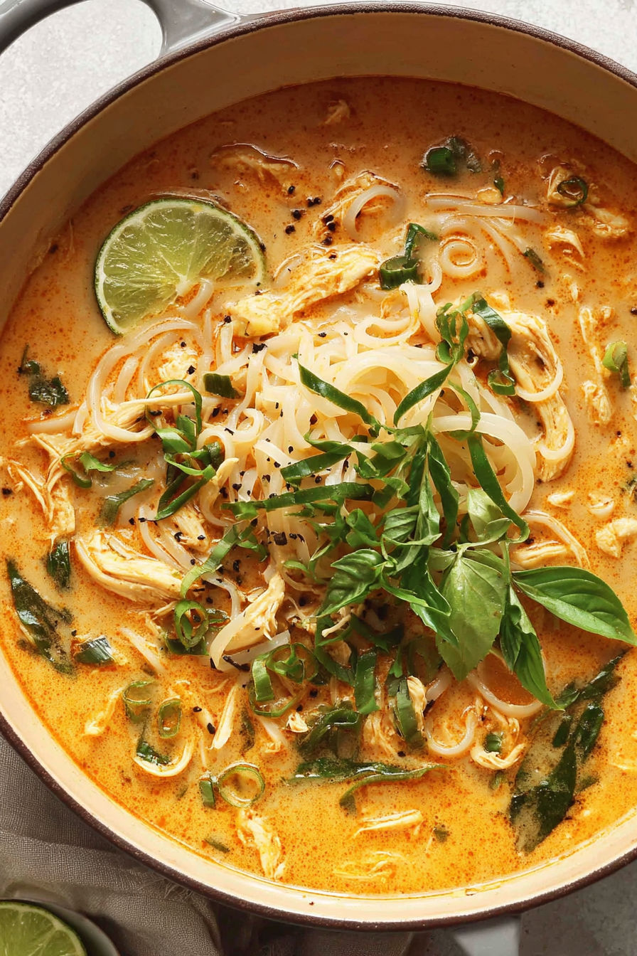 A bowl of soup with noodles, chicken, and lime.