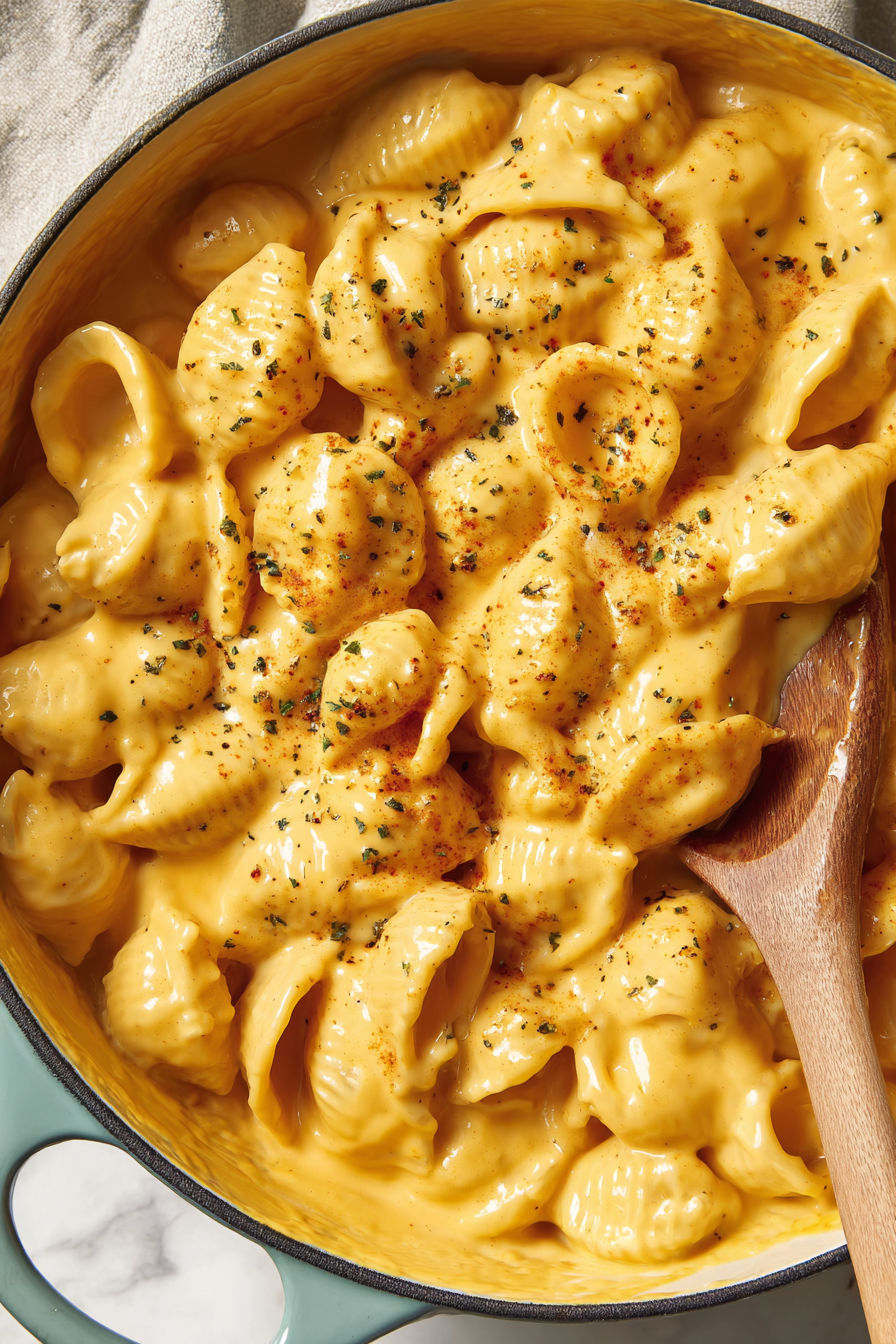 A bowl of macaroni and cheese.