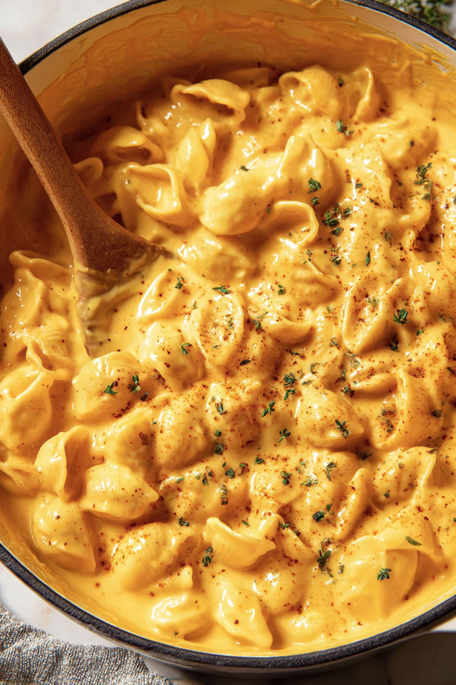 A bowl of cheesy macaroni and shells.