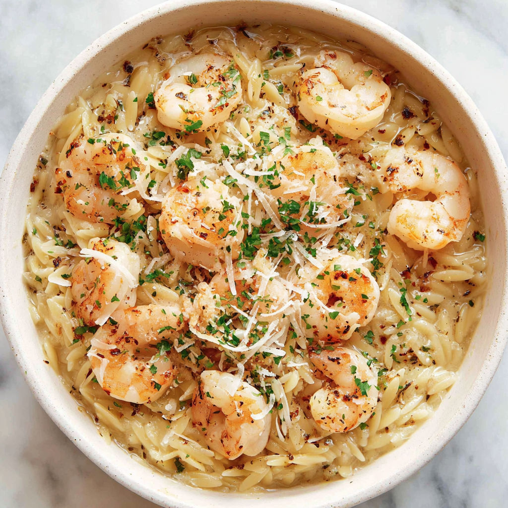 A bowl of shrimp scampi orzo.