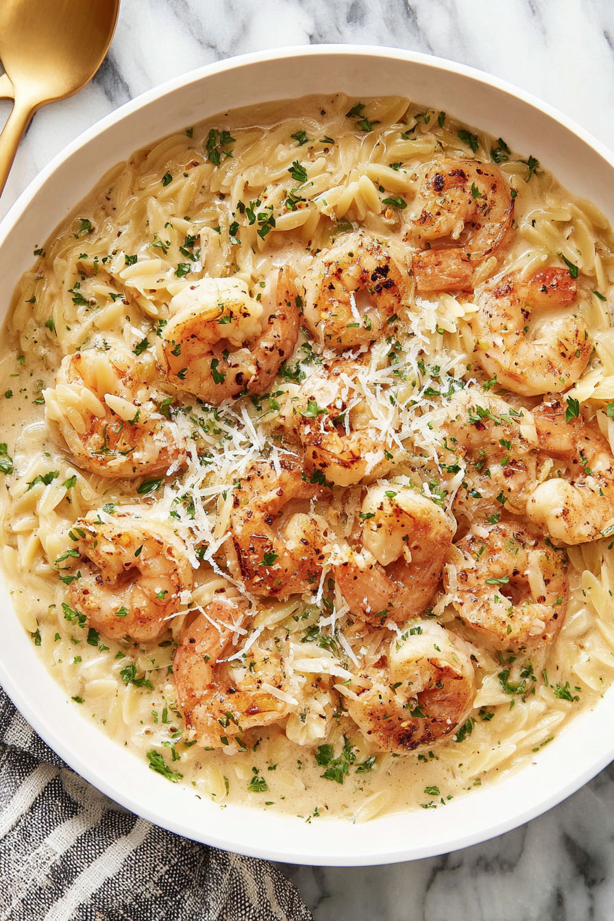 A bowl of shrimp scampi orzo.