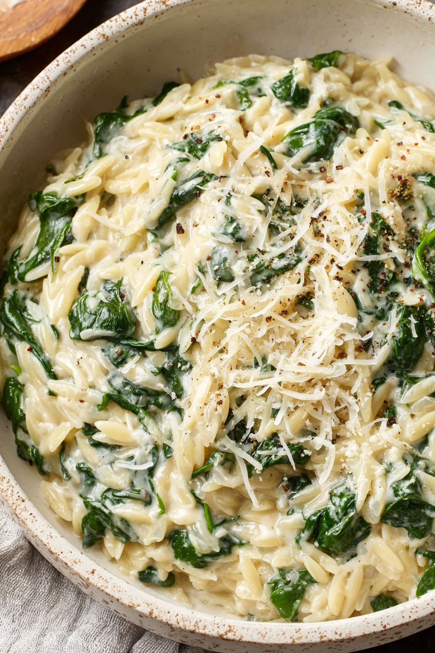 A bowl of creamy garlic spinach orzo.
