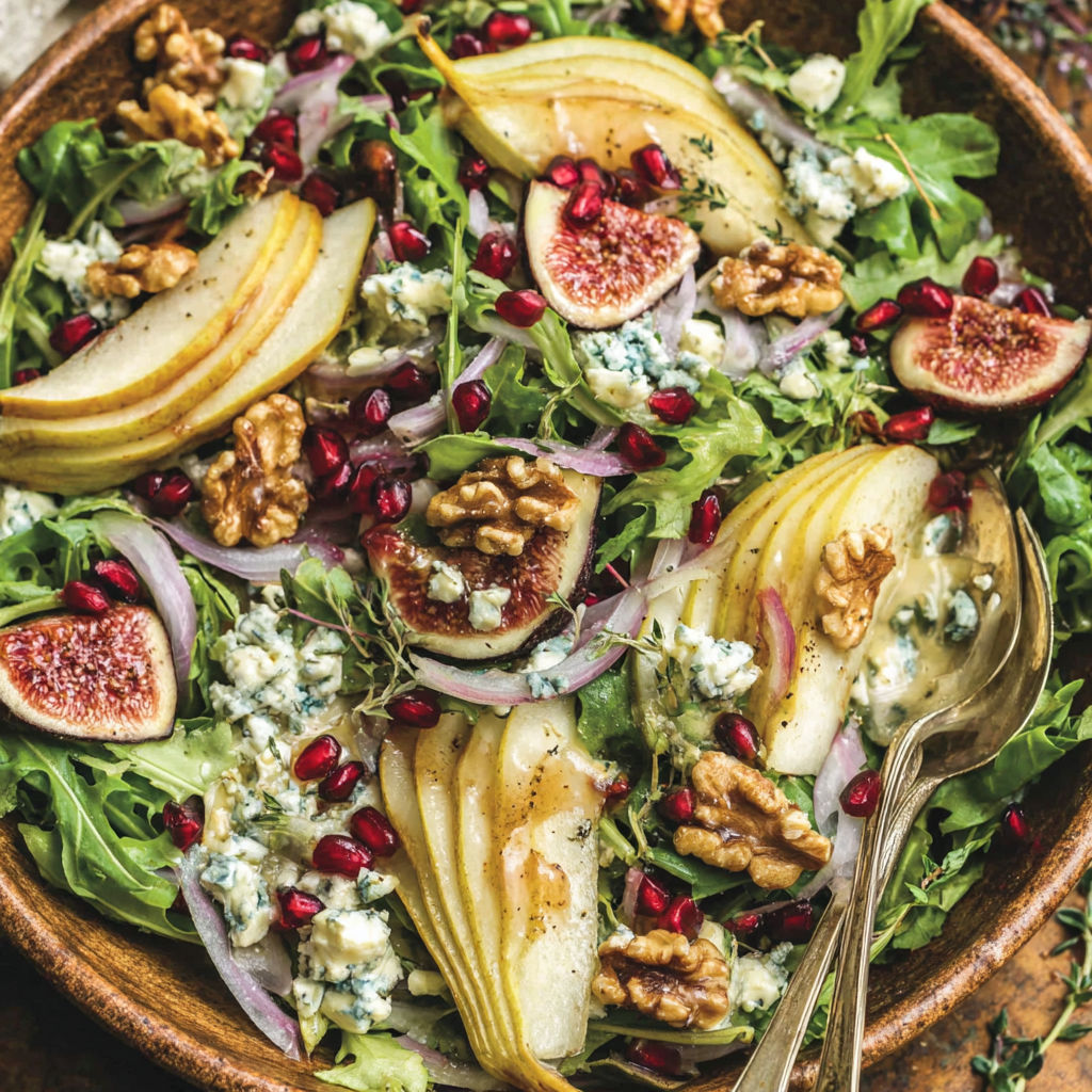 A bowl of salad with pears, walnuts, and blue cheese.